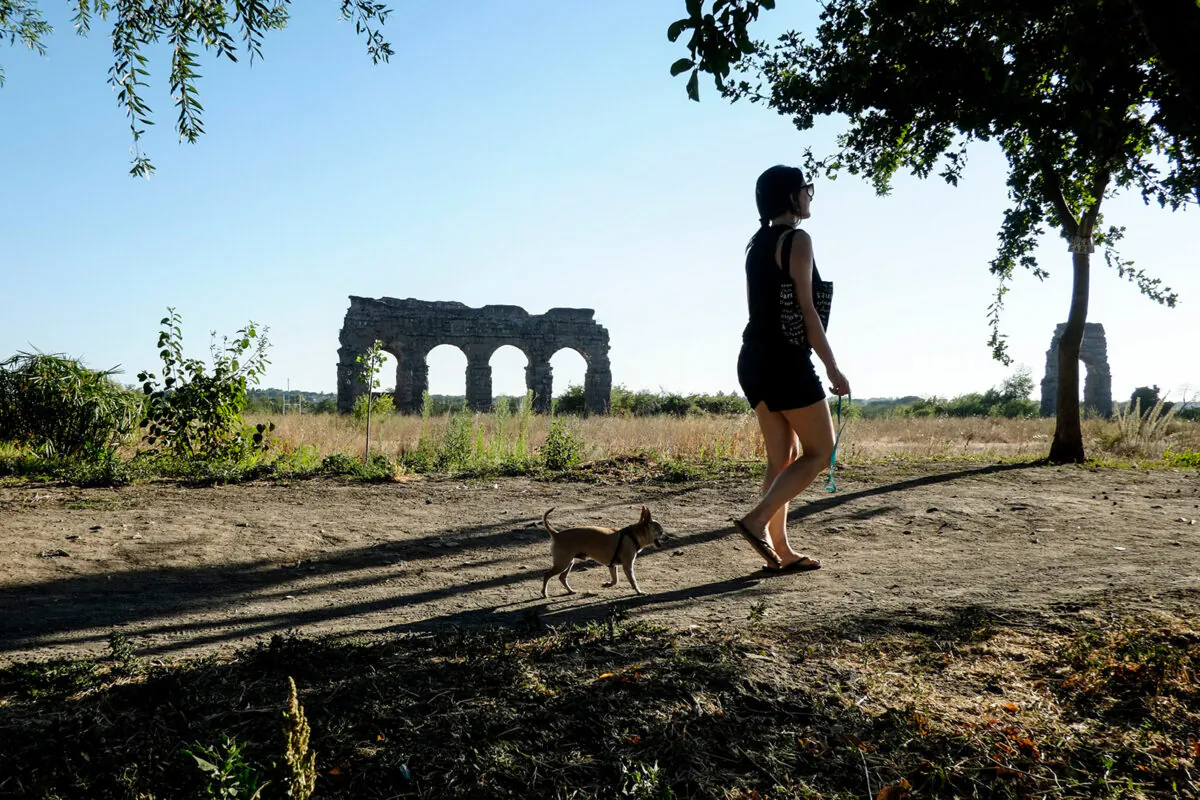 A woman walks a dog near the ruins of an ancient Roman aqueduct, in a park in a suburb of Rome on July 28, 2017. (Andreas Solaro/AFP via Getty Images)