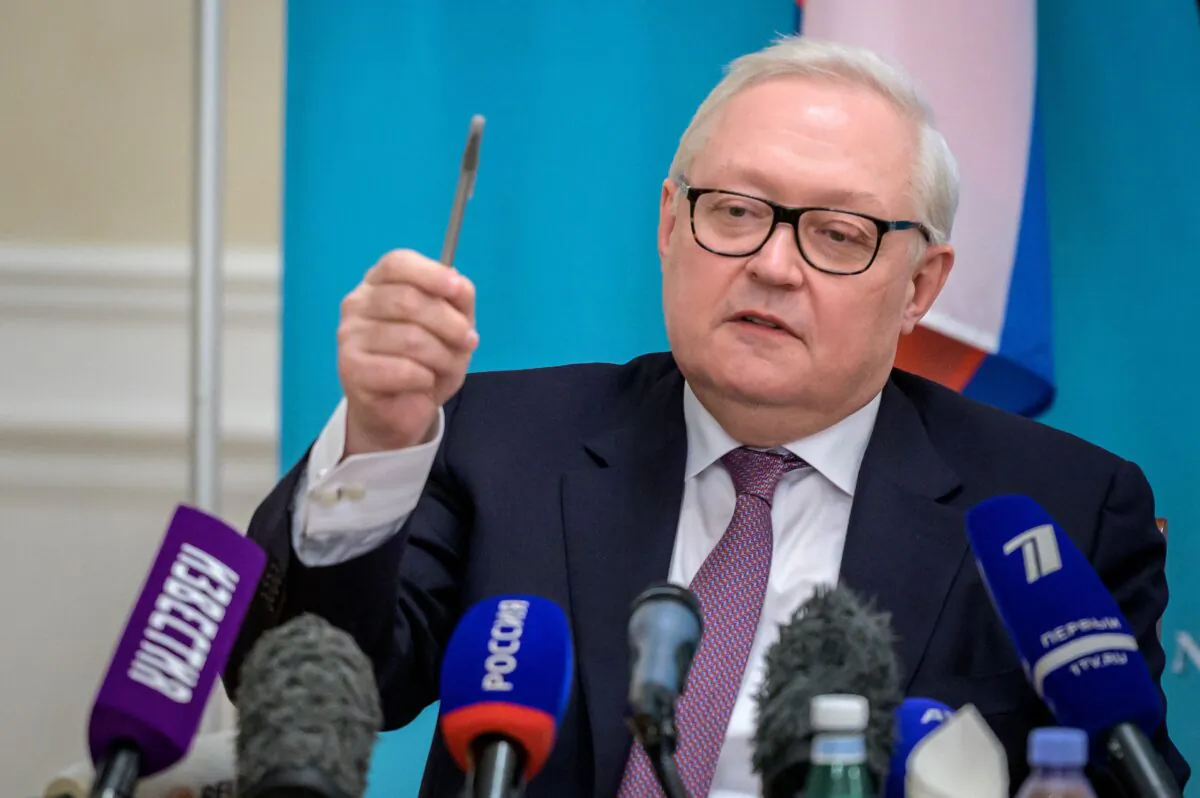 Russian Deputy Foreign Minister Sergei Ryabkov gestures during a press conference following talks with US counterpart on soaring tensions over Ukraine, in Geneva, Switzerland, on Jan. 10, 2022. (Eloi Rouyer/AFP via Getty Images)