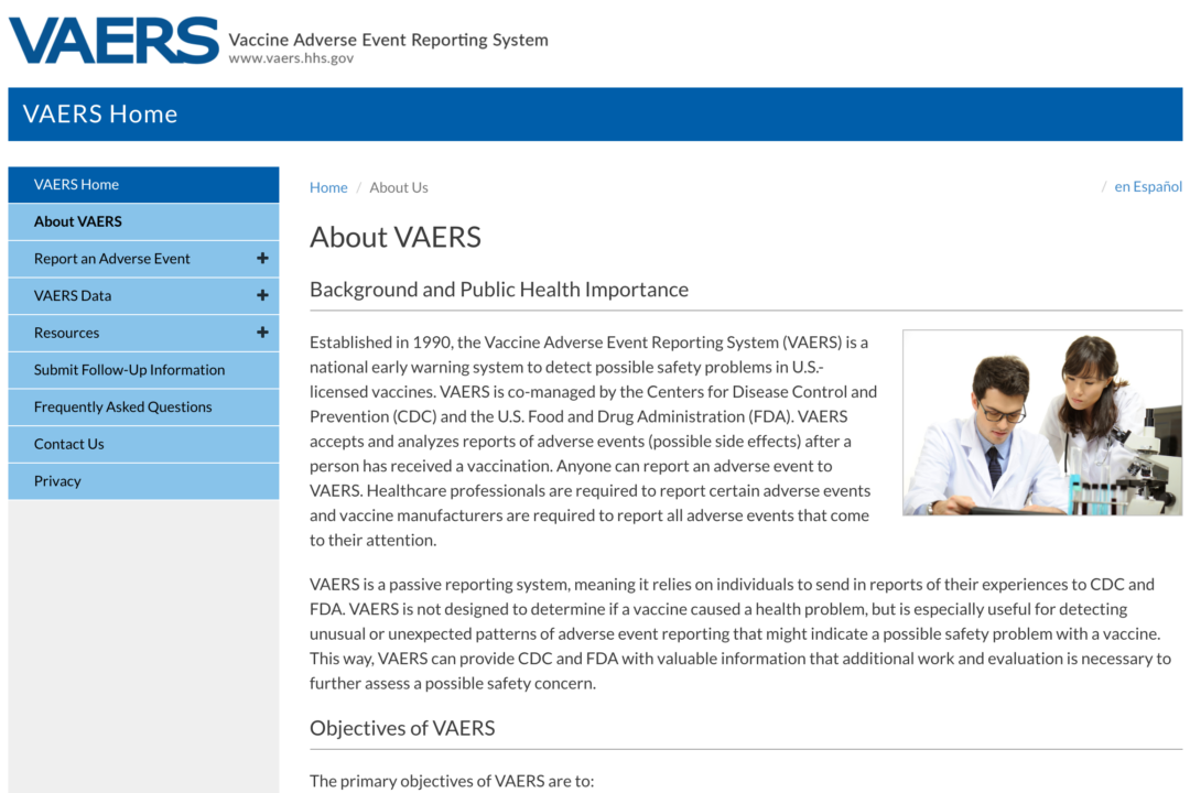 A screenshot of the homepage of the Vaccine Adverse Event Reporting System (VAERS), which is co-sponsored by the CDC, FDA, and HHS. (Screenshot/The Epoch Times)
