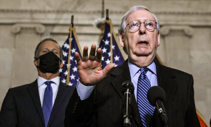 Senate Minority Leader Mitch McConnell (R-Ky.) talks to reporters following the weekly Senate Republican caucus luncheon in the Russell Senate Office Building on Capitol Hill in Washington on March 16, 2021. (Chip Somodevilla/Getty Images)