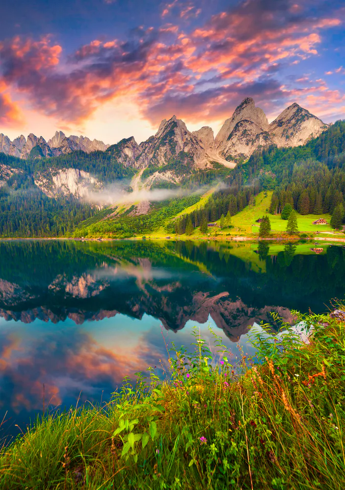 Colorful summer sunrise on the Vorderer Gosausee lake in the Austrian Alps. Austria, Europe. (Andrew Mayovskyy via Shutterstock)