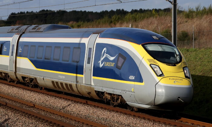 A Eurostar e320 high-speed train heads towards France through Ashford in Kent, southeast England, on Jan. 21, 2021. (Gareth Fuller/PA)