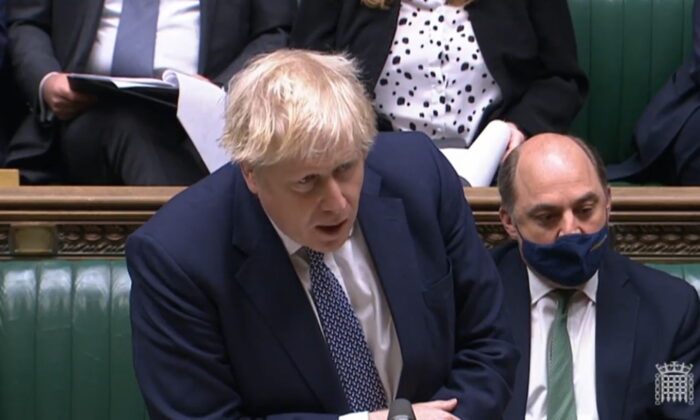 Prime Minister Boris Johnson delivers a statement on the Ukraine in the House of Commons, Westminster, London, on Jan. 25, 2022. (House of Commons/PA)