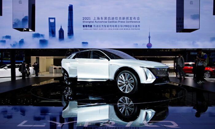 A Cadillac Lyriq electric vehicle (EV) under General Motors is seen during its world premiere on a media day for the Auto Shanghai show in Shanghai, China, on April 19, 2021. (Aly Song/Reuters)