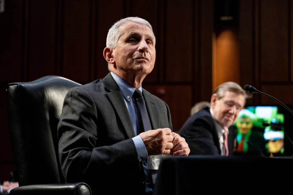Dr. Anthony Fauci, Director at the National Institute Of Allergy and Infectious Diseases during a hearing, with the Senate Committee on Health, Education, Labor, and Pensions, on the COVID-19 response, on Capitol Hill in Washington, on March 18, 2021. (Anna Moneymaker-Pool/Getty Images)