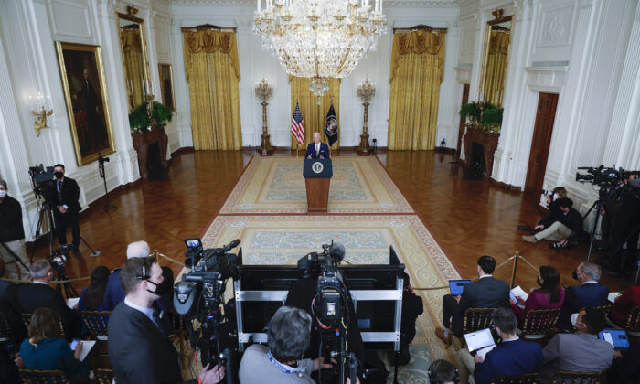 President Joe Biden answers questions during a news conference in the East Room of the White House on Jan. 19, 2022. (Chip Somodevilla/Getty Images)