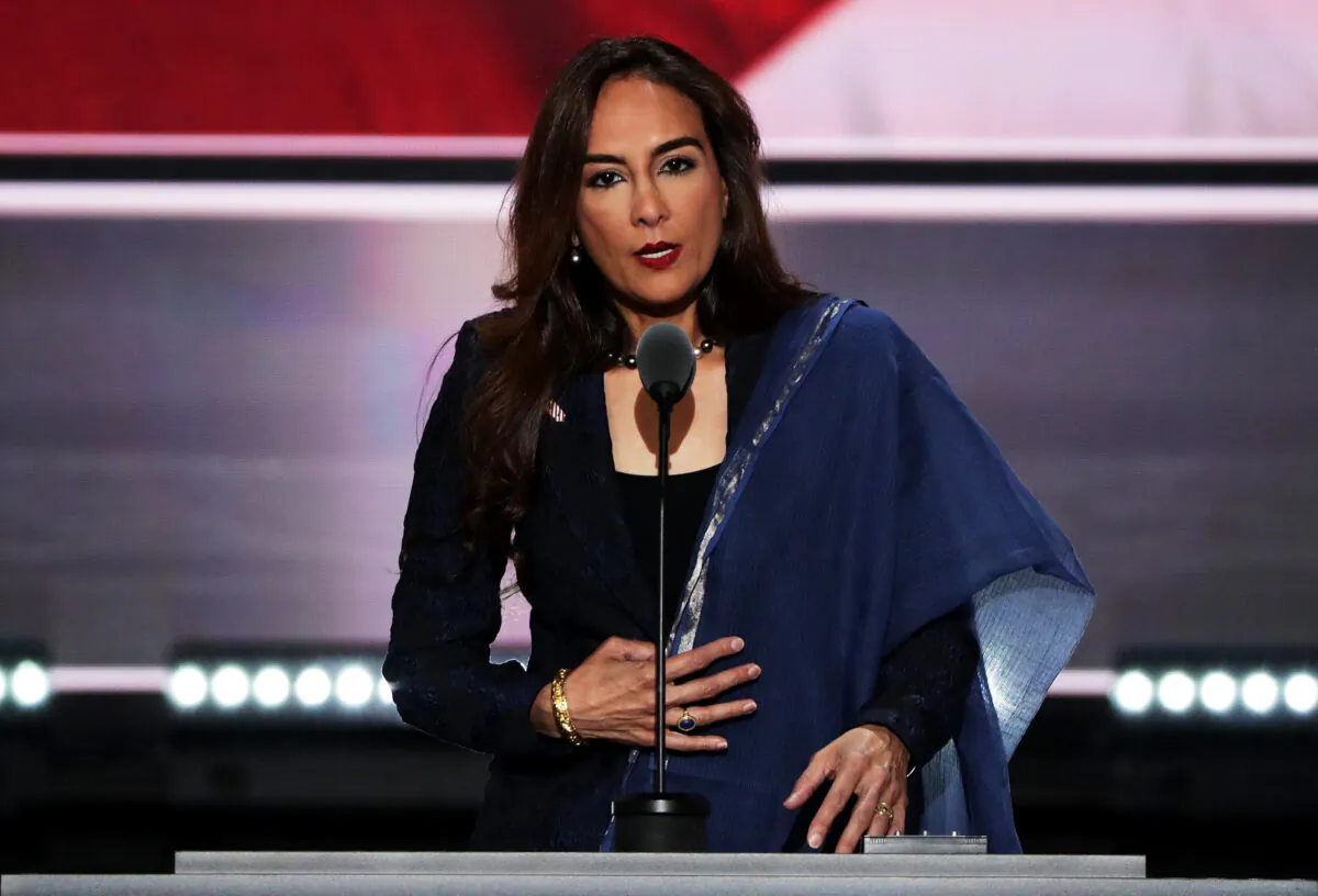 Attorney Harmeet Dhillon, former vice chairwoman of the California Republican Party, speaks at the Republican National Convention in Cleveland, Ohio, on July 19, 2016. (Alex Wong/Getty Images)