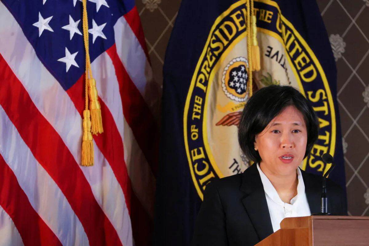 U.S. Trade Representative Katherine Tai addresses the Geneva Graduate Institute on the role of the World Trade Organization (WTO) in the global economy and U.S. policy priorities ahead of the 12th Ministerial Conference in Geneva, Switzerland on Oct. 14, 2021. (Denis Balibouse/Reuters)