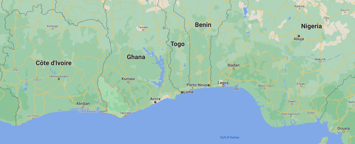 Ghana's Western Region is shown in red. (Google maps/Screenshot via The Epoch Times)