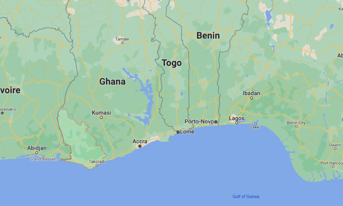 Ghana's Western Region is shown in red. (Google maps/Screenshot via The Epoch Times)