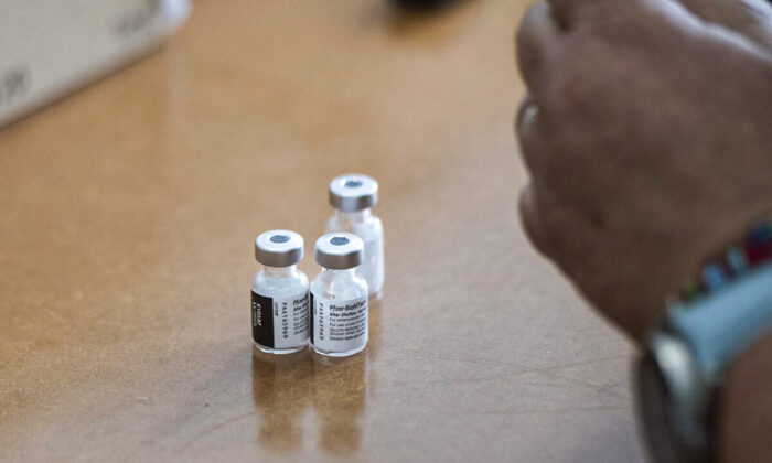Vials of the Pfizer-BioNTech COVID-19 vaccine are seein in Cape Town, South Africa on Dec. 8, 2021. (Rodger Bosch/AFP via Getty Images)