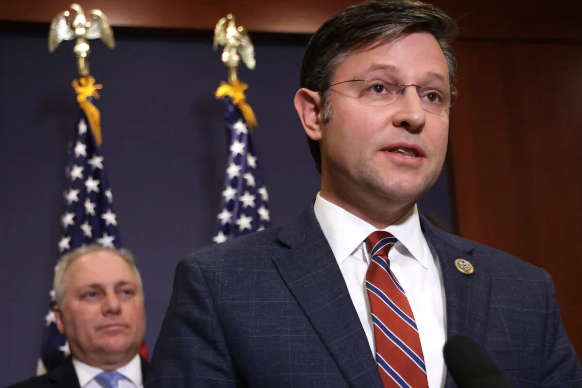 Rep. Mike Johnson (R-La.) speaks to reporters in Washington on May 14, 2021. (Alex Wong/Getty Images)