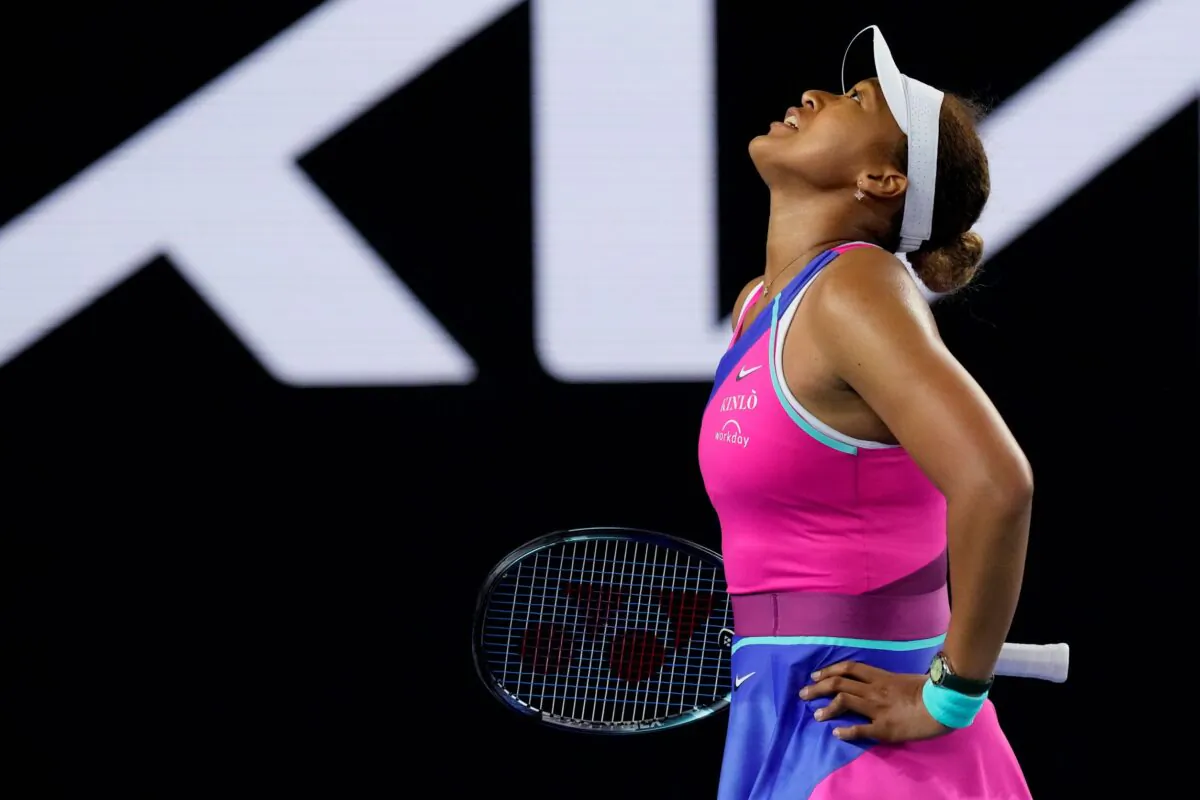 Naomi Osaka of Japan reacts during her third round match against Amanda Anisimova of the United States at the Australian Open tennis championships in Melbourne, Australia, on Jan. 21, 2022. (Simon Baker/AP Photo)
