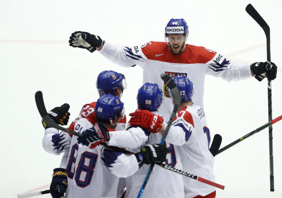 Czech Republic's David Krejci, back, and teammates celebrate a goal during the Ice Hockey World Championships quarterfinal match between the United States and Czech Republic at the Jyske Bank Boxen arena in Herning, Denmark, on May 17, 2018. (Petr David Josek/AP Photo)