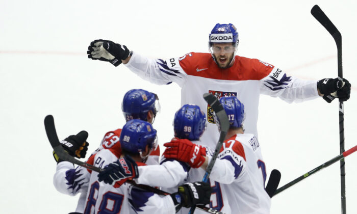 Czech Republic's David Krejci, back, and teammates celebrate a goal during the Ice Hockey World Championships quarterfinal match between the United States and Czech Republic at the Jyske Bank Boxen arena in Herning, Denmark, on May 17, 2018. (Petr David Josek/AP Photo)
