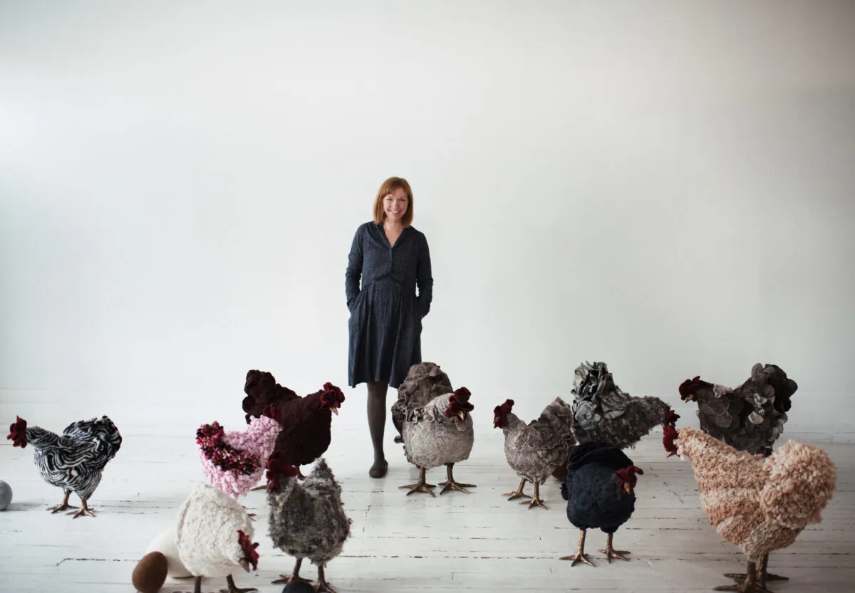 Artist Sally Jane Linville grew a pair of chicken footstools, made for a school project, into a whole flock. (Courtesy of The City Girl Farm)