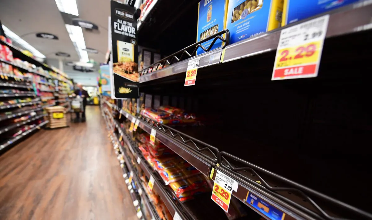 Empty shelves for pasta are seen at a supermarket in Monterey Park, Calif., on Jan. 13, 2022. (Frederic J. Brown/AFP via Getty Images)