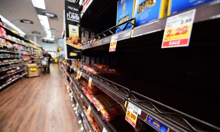 Empty shelves for pasta are seen at a supermarket in Monterey Park, Calif., on Jan. 13, 2022. (Frederic J. Brown/AFP via Getty Images)