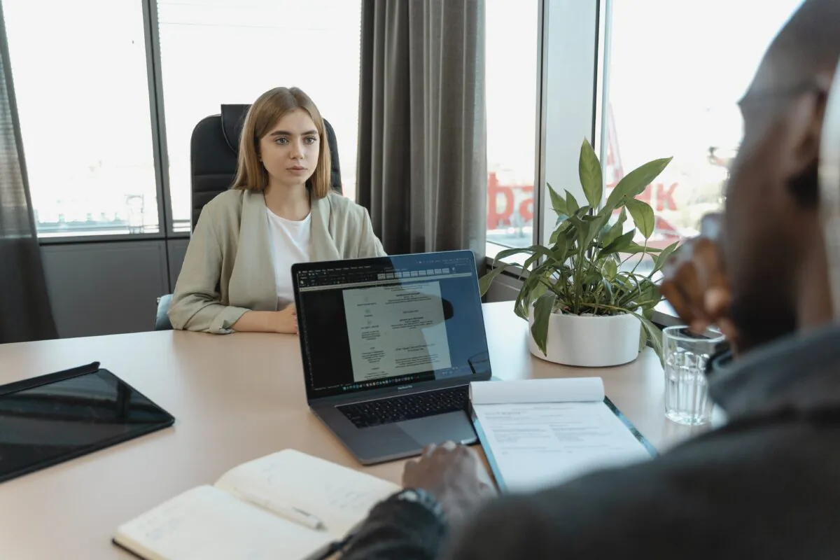 Stock photo of a candidate during an interview. (Tima Miroshnichenko/Pexels)