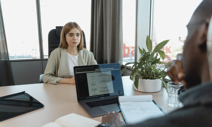 Stock photo of a candidate during an interview. (Tima Miroshnichenko/Pexels)