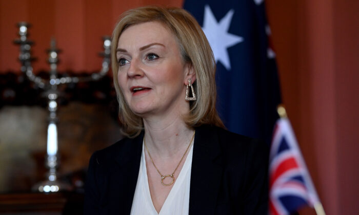 British Foreign Secretary Liz Truss is seen during top of meeting remarks ahead of Australia-United Kingdom Ministerial Consultations (AUKMIN) talks at Admiralty House in Sydney on Jan. 21, 2022. (Bianca De Marchi-Pool/Getty Images)