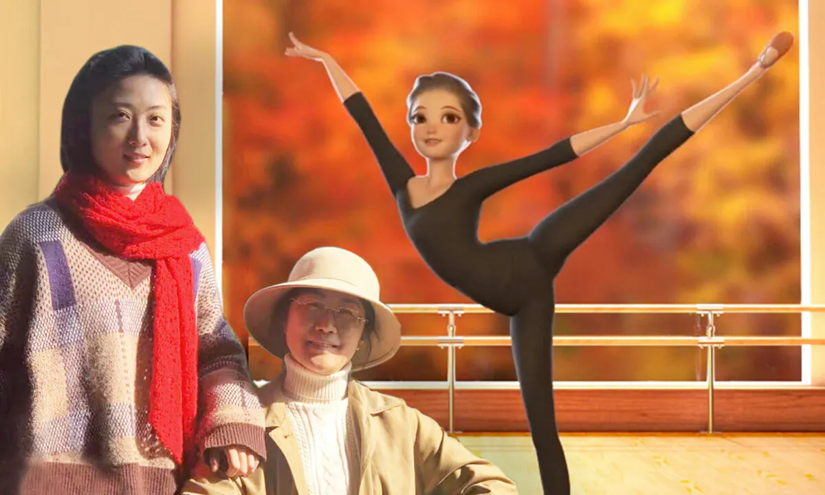 Lucy Mingyuan Liu (L) with her mother, Yan Liu, who is currently detained in China for practicing Falun Gong. In the backdrop is Lucy's animated CGI dancer for which she received the 2021 Tibor Madjar award for Best Overall Animation. (Courtesy of Mingyuan Liu)