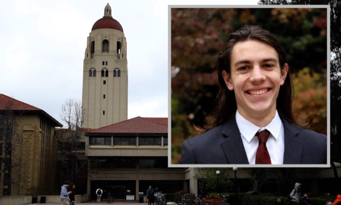 A photo of Stanford University student Monte Fischer (courtesy of Monte Fischer) on top of a photo of Stanford University on Mar. 12, 2019. (Justin Sullivan/Getty Images)