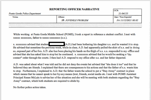 Screenshot of page four of police report filed November 12, 2021 by Larry Benjamin regarding a sexual assault on his daughter at Punta Gorda Middle School by a male student.