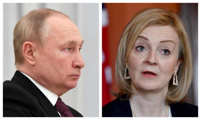 L: Russian President Vladimir Putin looks on during a meeting in Moscow on Jan. 19, 2022. (Pavel Bednyakov/Sputnik/AFP via Getty Images)
R: British Foreign Secretary Liz Truss at Admiralty House in Sydney on Jan. 21, 2022. (Bianca De Marchi-Pool/Getty Images)