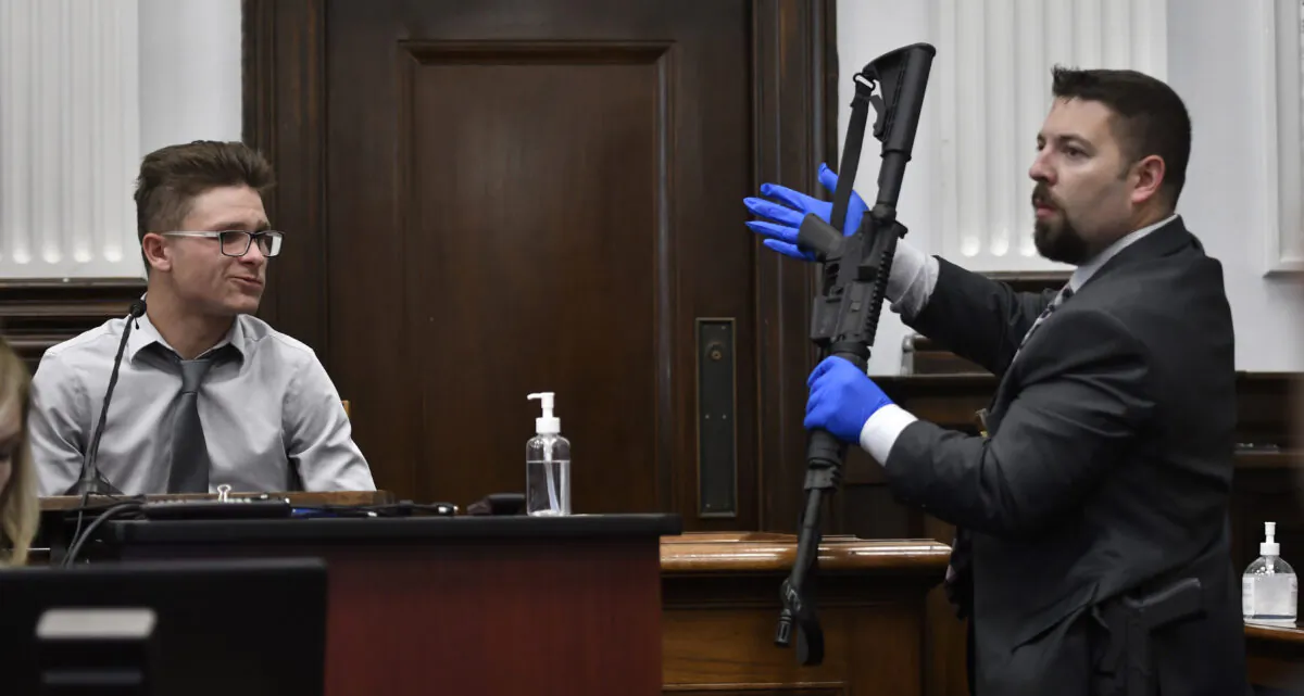 The rifle Kyle Rittenhouse used in Kenosha, Wis., on Aug. 25, 2020, is presented during Rittenhouse's trial in the city on Nov. 2, 2021. (Sean Krajacic/Pool/Getty Images)