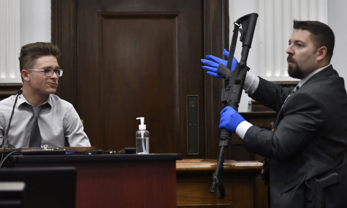 The rifle Kyle Rittenhouse used in Kenosha, Wis., on Aug. 25, 2020, is presented during Rittenhouse's trial in the city on Nov. 2, 2021. (Sean Krajacic/Pool/Getty Images)