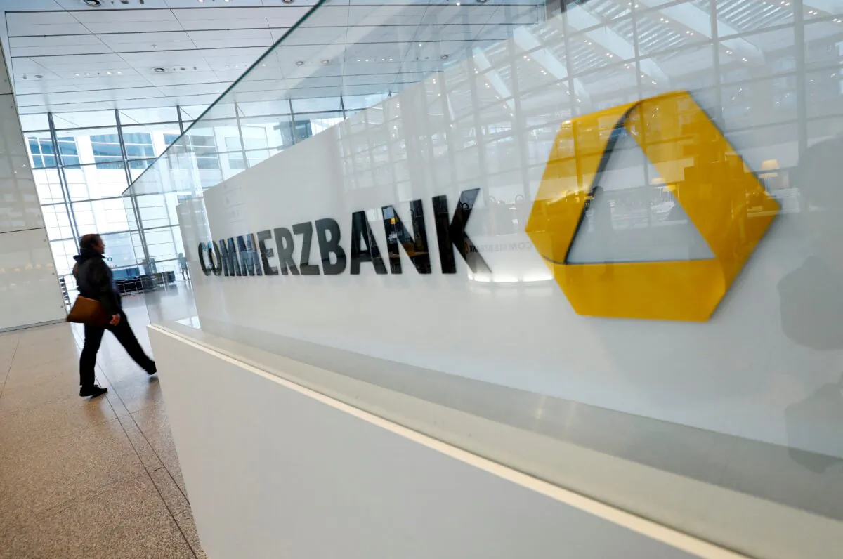 A company logo is pictured at the headquarters of Germany's Commerzbank AG in Frankfurt, Germany, on Feb. 13, 2020. (Ralph Orlowski/Reuters)