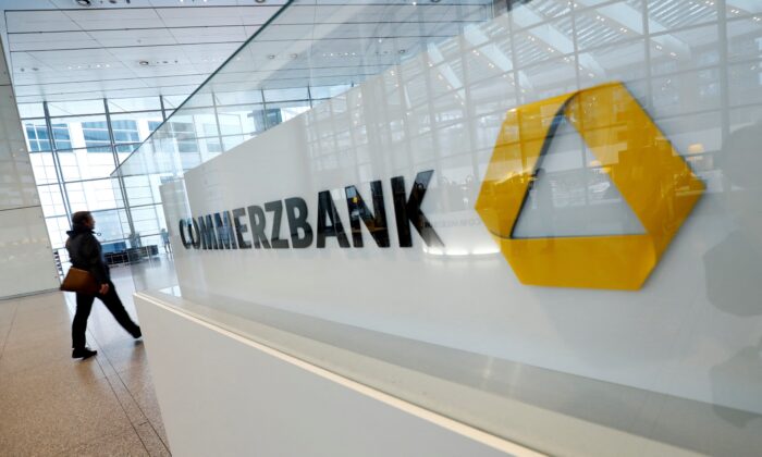 A company logo is pictured at the headquarters of Germany's Commerzbank AG in Frankfurt, Germany, on Feb. 13, 2020. (Ralph Orlowski/Reuters)