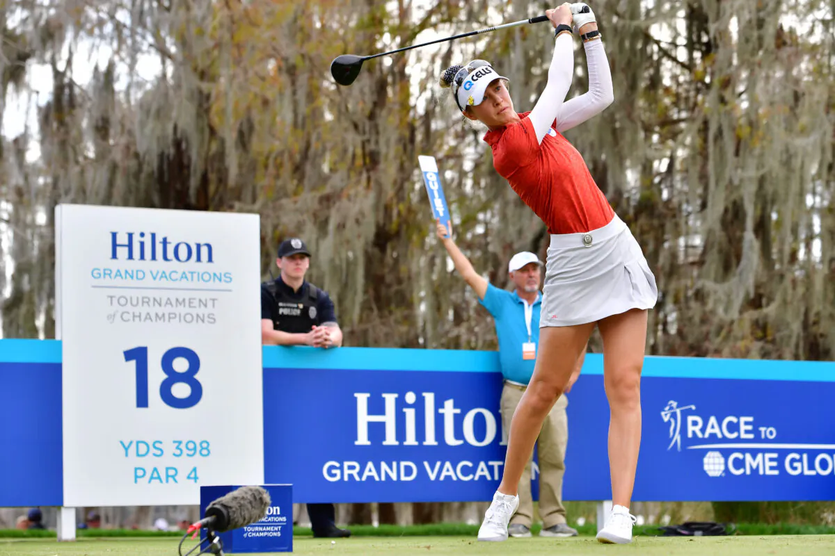 Nelly Korda of the United States plays her shot from the 18th tee during the second round of the 2022 Hilton Grand Vacations Tournament of Champions at Lake Nona Golf & Country Club, in Orlando, on Jan. 21, 2022. (Julio Aguilar/Getty Images)