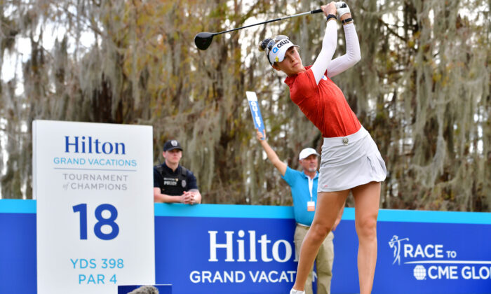 Nelly Korda of the United States plays her shot from the 18th tee during the second round of the 2022 Hilton Grand Vacations Tournament of Champions at Lake Nona Golf & Country Club, in Orlando, on Jan. 21, 2022. (Julio Aguilar/Getty Images)