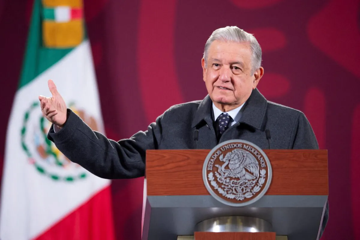 Mexican President Andres Manuel Lopez Obrador speaks during a news conference at the National Palace in Mexico City, Mexico, on Jan. 17, 2022. (Mexico's Presidency/Handout via Reuters)