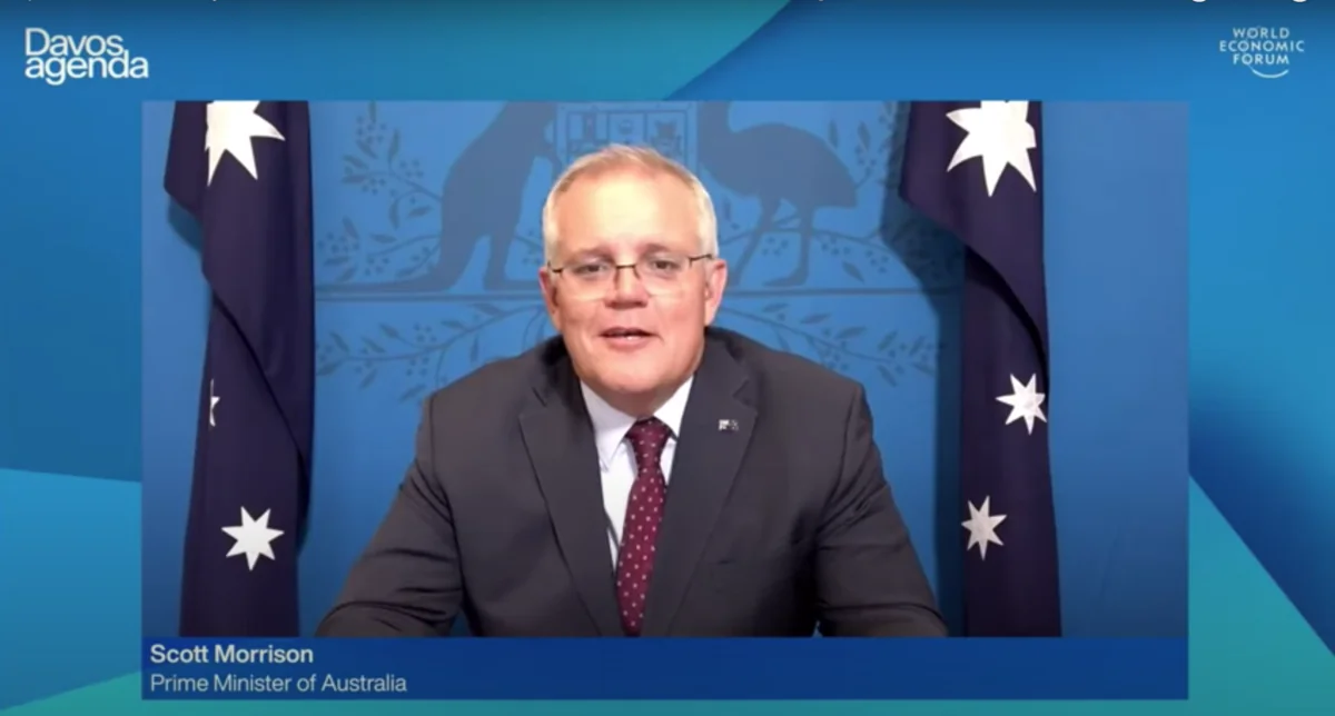 Special address by Scott Morrison, Prime Minister of Australia with Børge Brende, President of the World Economic Forum at the Davos Agenda 2022, on Jan. 21, 2022. (Screenshot by The Epoch Times)