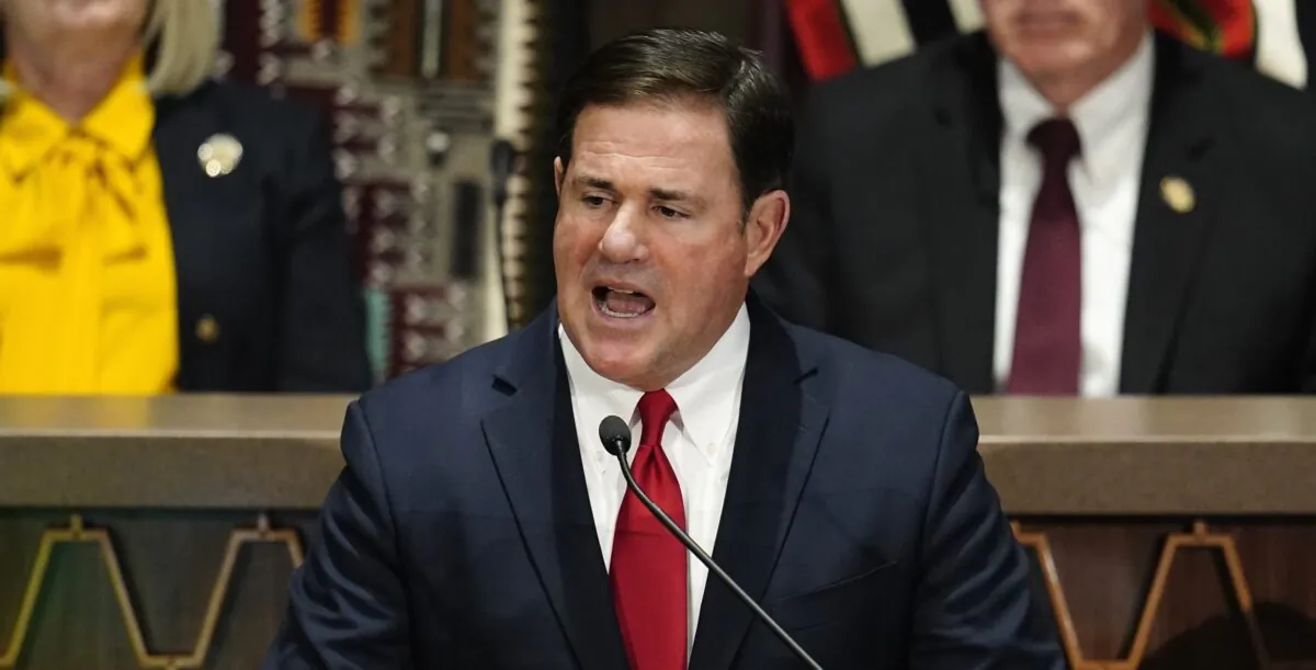 Arizona Gov. Doug Ducey speaks at the Arizona Capitol in Phoenix, Ariz., on Jan. 10, 2022. (Ross D. Franklin/AP Photo)