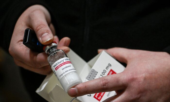 A vial of Gilead Sciences' remdesivir in Belgium in a file image. (Dirk Vaem/Belga/AFP via Getty Images)