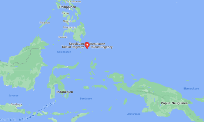 The map shows the location of the Talaud Islands in Indonesia on January 22, 2022.  (Screenshot via Google Maps / The Epoch Times)