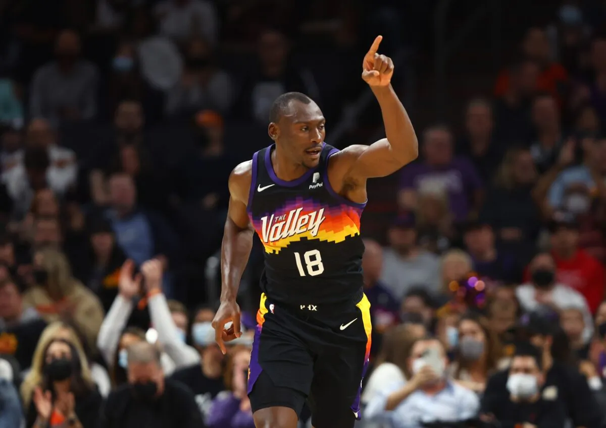 Phoenix Suns center Bismack Biyombo reacts against the Indiana Pacers in the second half at Footprint Center in Phoenix, on Jan. 22, 2022 (Mark J. Rebilas/USA TODAY Sports via Field Level Media)