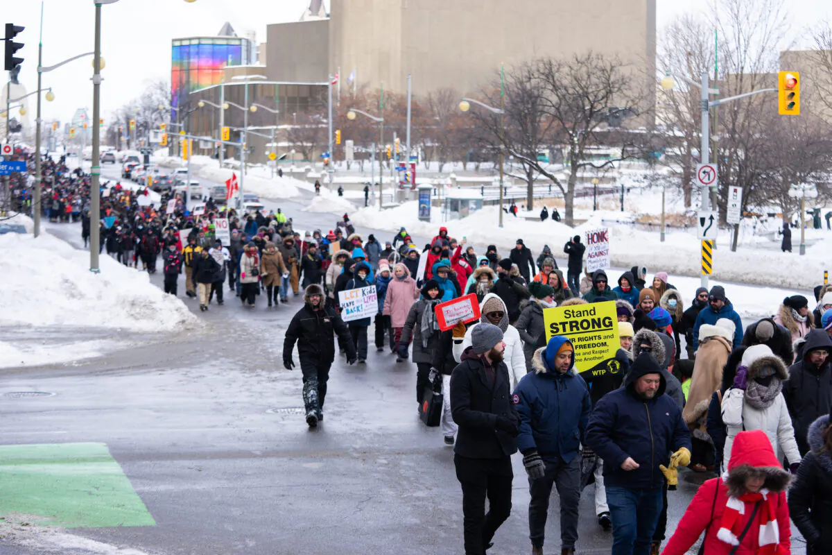 Demonstrators march in protest against COVID-19 mandates and restrictions in Ottawa on Jan. 22, 2022. (The Canadian Press/Michael Chisholm)