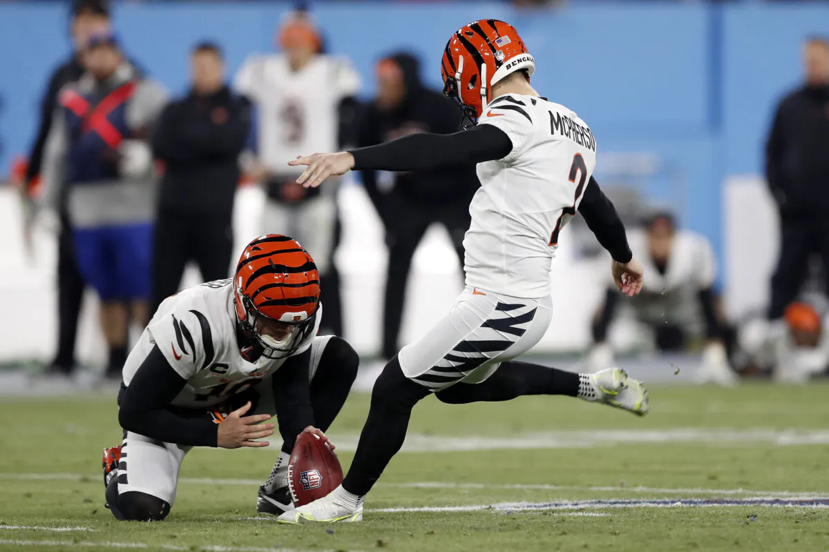 Kicker Evan McPherson #2 of the Cincinnati Bengals hits the game winning field goal against the Tennessee Titans in the AFC Divisional Playoff game at Nissan Stadium, in Nashville, on Jan. 22, 2022. (Wesley Hitt/Getty Images)