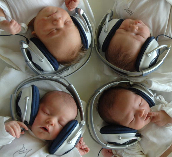 KOSICE-SACA, SLOVAKIA:  One and Two-day-old  newborn ease the stress after the birth. Newborn babies daily undergoing five sessions of twenty minutes each, when they listen to a variety of musical genres from classical to easy listening. (JOE KLAMAR/AFP via Getty Images)