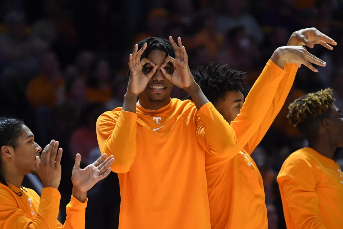 Players celebrate a three point shot during a basketball game between Tennessee and LSU at Thompson-Boling Arena in Knoxville, Tenn., on Jan. 22, 2022. (McMekin/News Sentinel/USA TODAY NETWORK via Field Level Media)