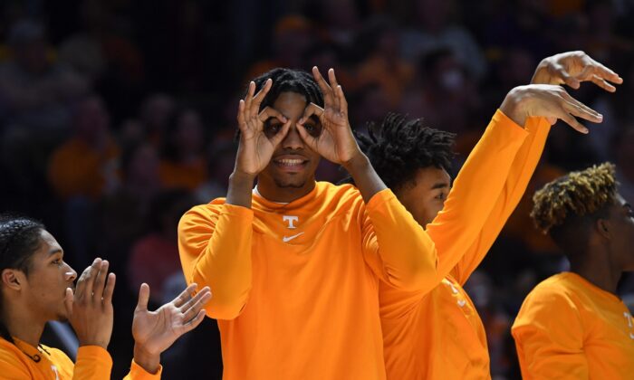 Players celebrate a three point shot during a basketball game between Tennessee and LSU at Thompson-Boling Arena in Knoxville, Tenn., on Jan. 22, 2022. (McMekin/News Sentinel/USA TODAY NETWORK via Field Level Media)