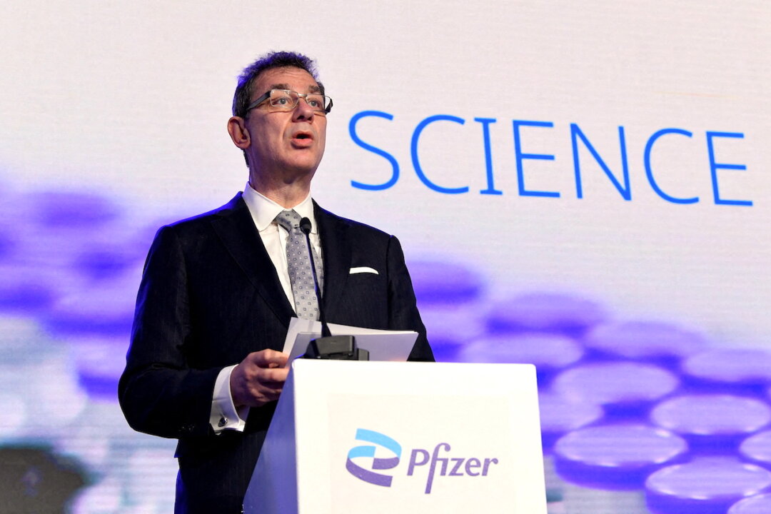 Pfizer CEO Albert Bourla talks during a press conference at the factory of Pfizer in Puurs, Belgium, on April 23, 2021. (John Thys/Pool via Reuters)