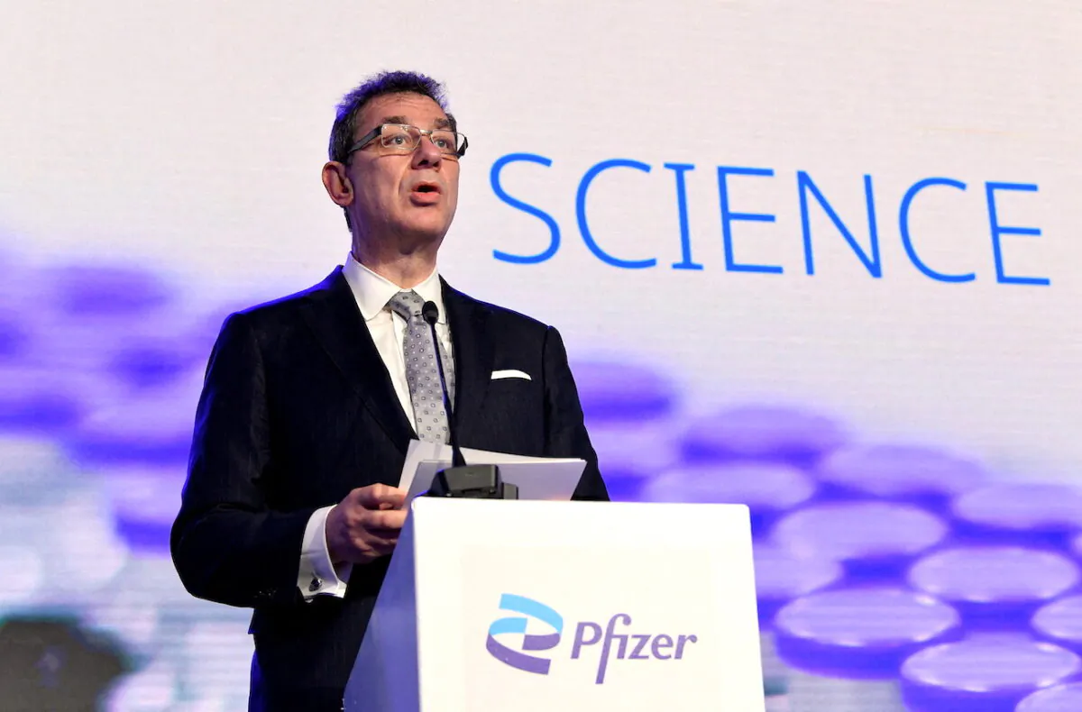 Pfizer CEO Albert Bourla talks during a press conference at the factory of Pfizer in Puurs, Belgium, on April 23, 2021. (John Thys/Pool via Reuters)