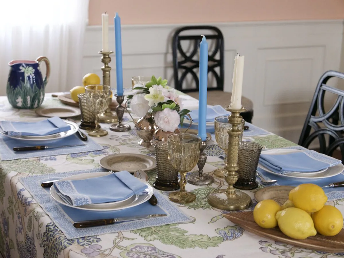 Setting a blue-and-white table will brighten up a gloomy, wintry day and match the Mediterranean island vibes of the menu. (Victoria de la Maza)