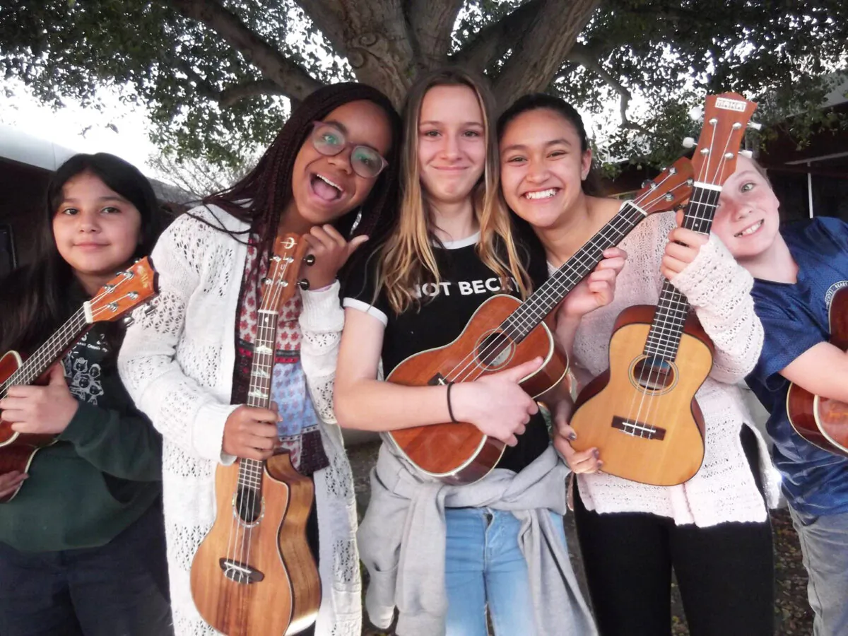 Young Volunteer Mentors Kathleen (L), Jaiden (2L), Mazzy (C), Candace (2R), and Benjamin (R), all 11-years-old, in San Juan Capistrano, Calif. (Courtesy of Duff Rowden.)